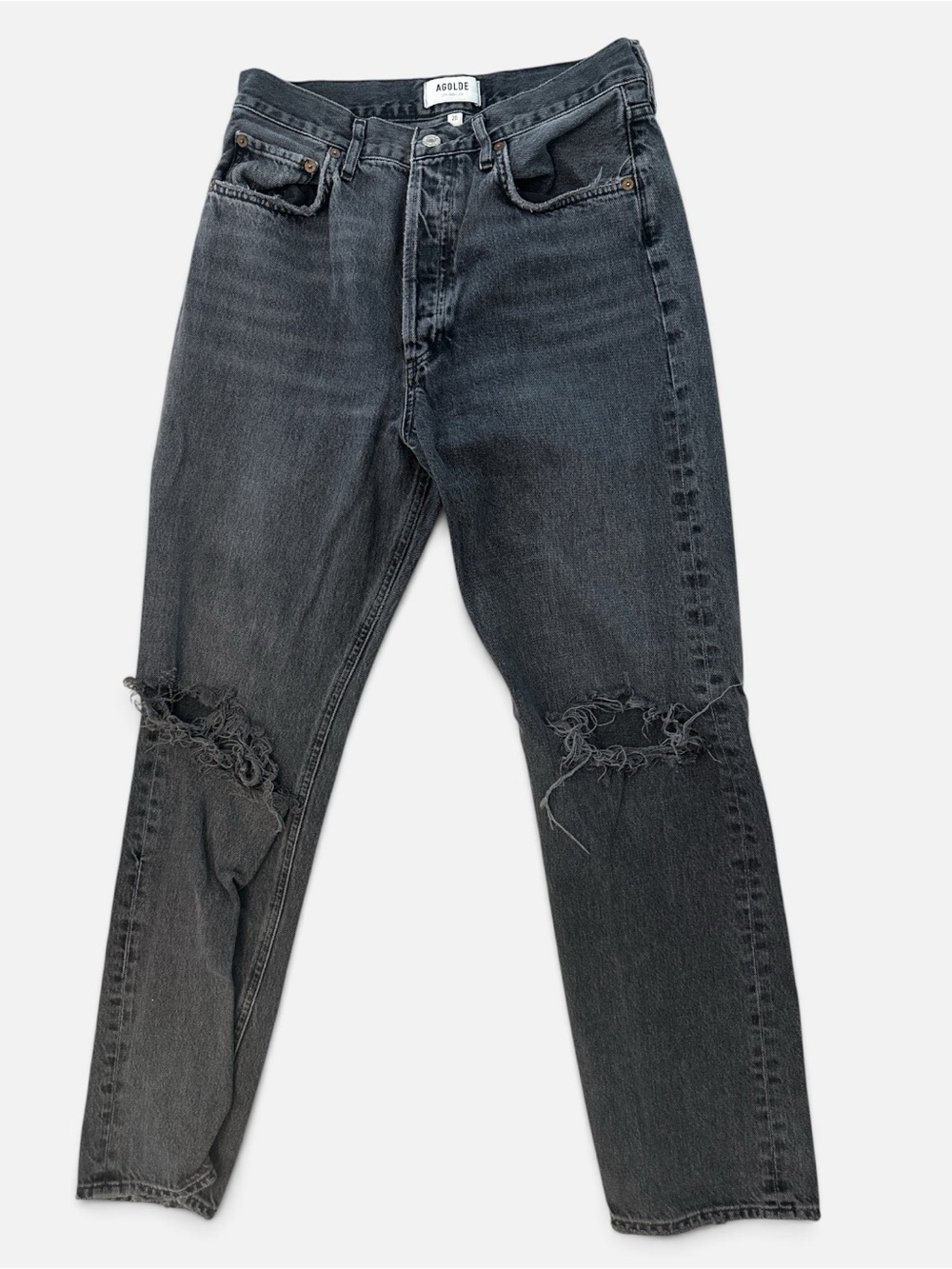 Agolde 90’s Pinch Waist High-Rise Washed Black Distressed Knee Jeans